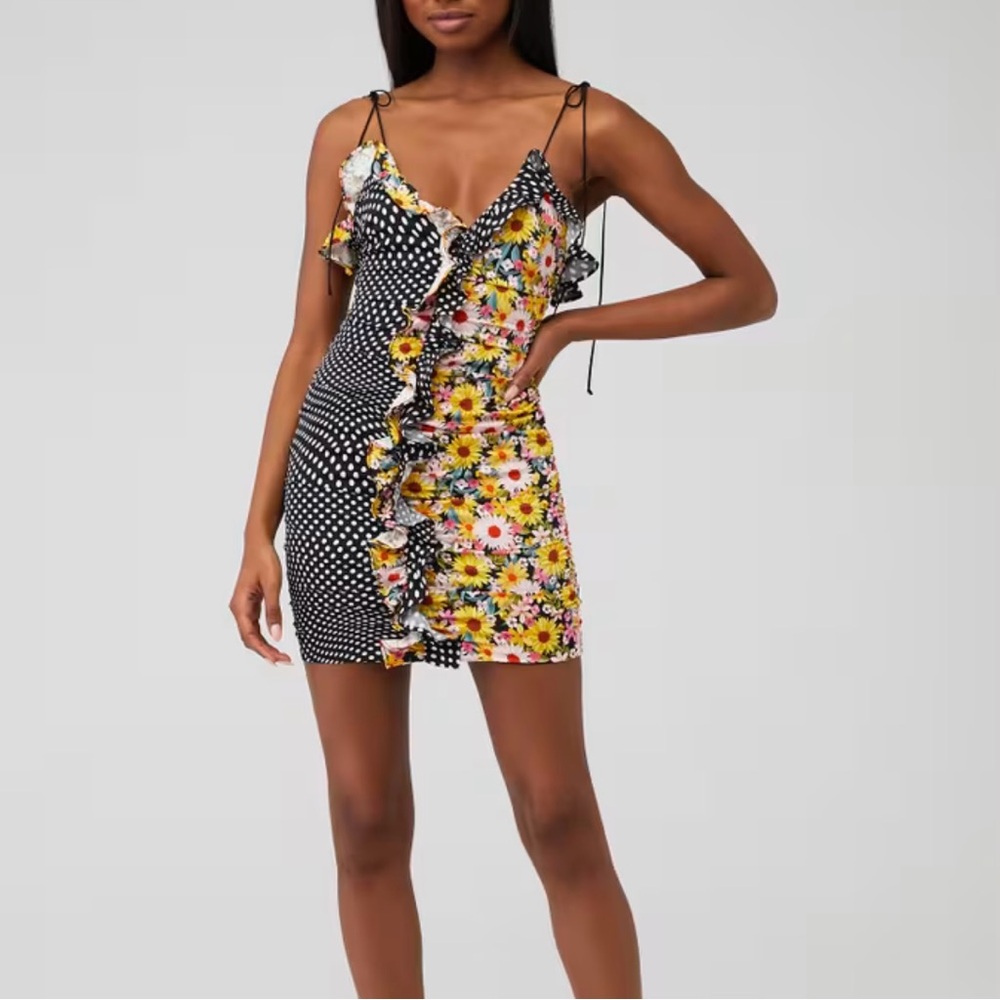 NWT For Love & Lemons Mochi Shirred Mini Dress Polka Dot/Floral Women’s Sz XS